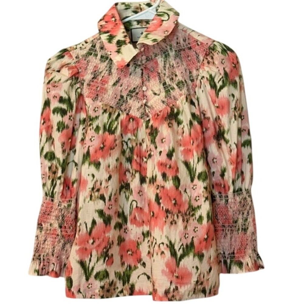 NWOT Tuckernuck Haskell Blouse Pink Green Floral Smocked Cotton S - Picture 4 of 9